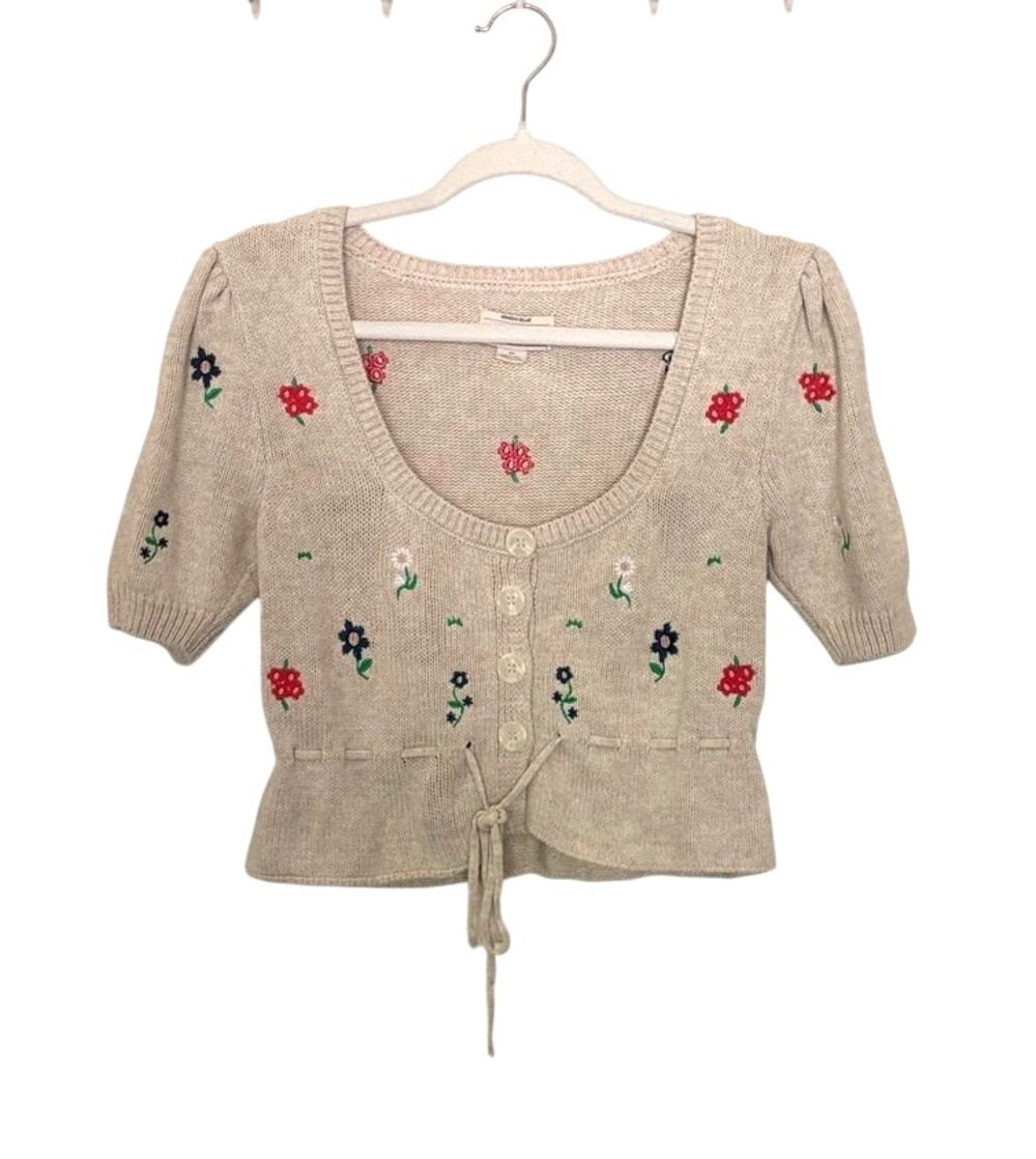 Kimchi Blue Floral Embroidered Cropped Cardigan Small Cottagecore Puff Sleeve